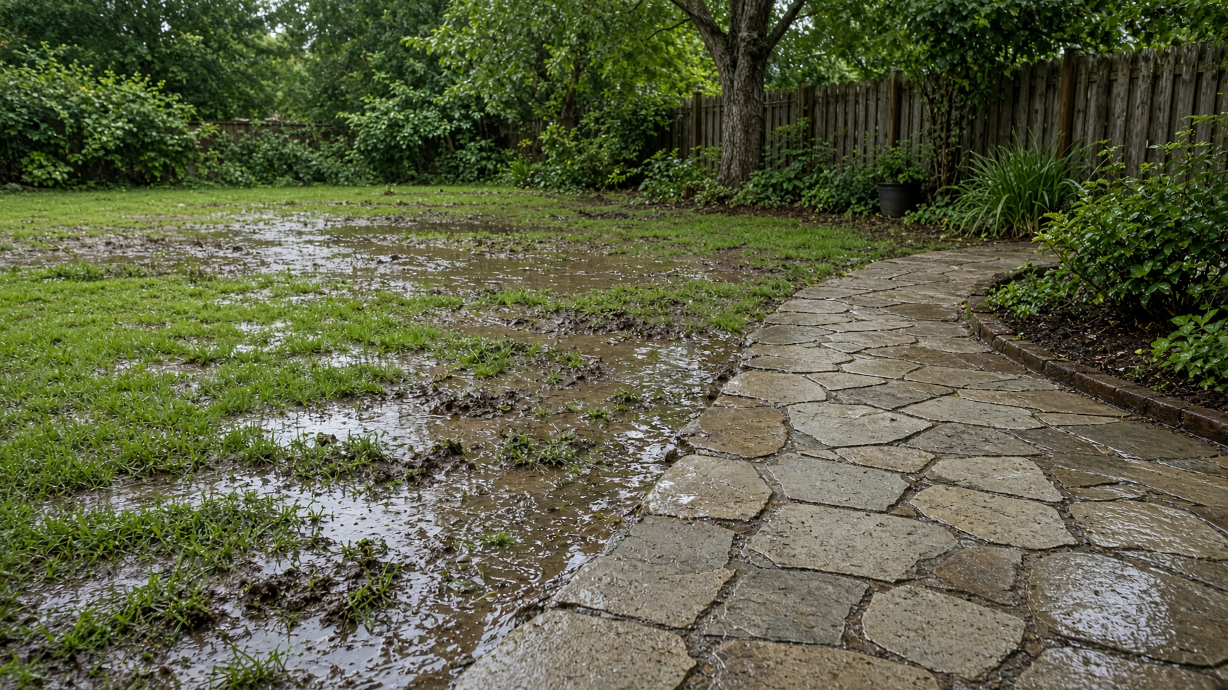 Before: flooded backyard with standing water pooling across the grass