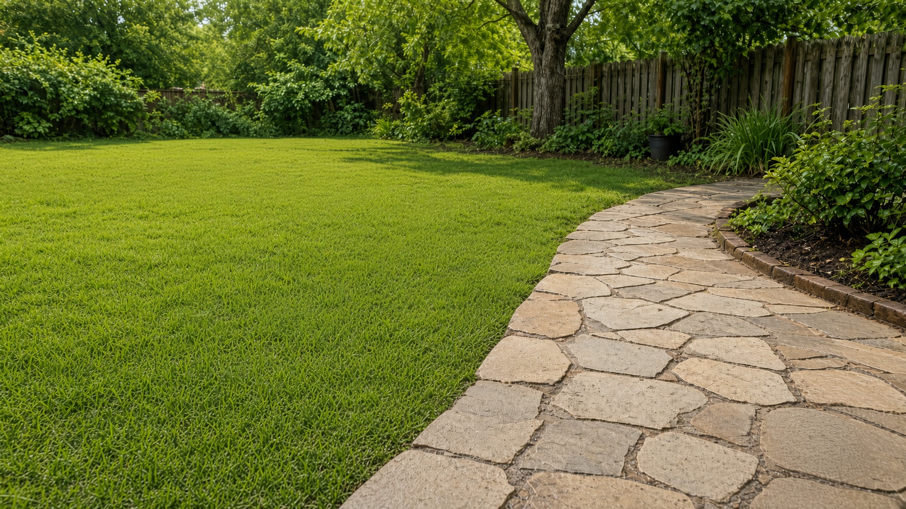 After: dry, lush green lawn and clean stone path